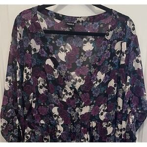 Torrid Sheer Shirt‎ Dress Black Purple Skulls Floral Roll Tab Sleeve Women 1